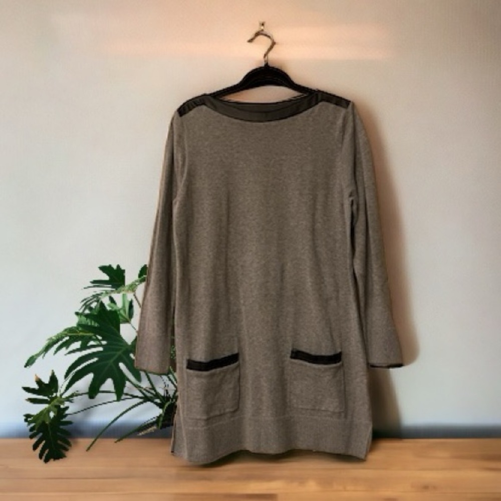 Jeanne Pierre Grey Knit Sweater Dress/Tunic w/Faux Leather Accents
